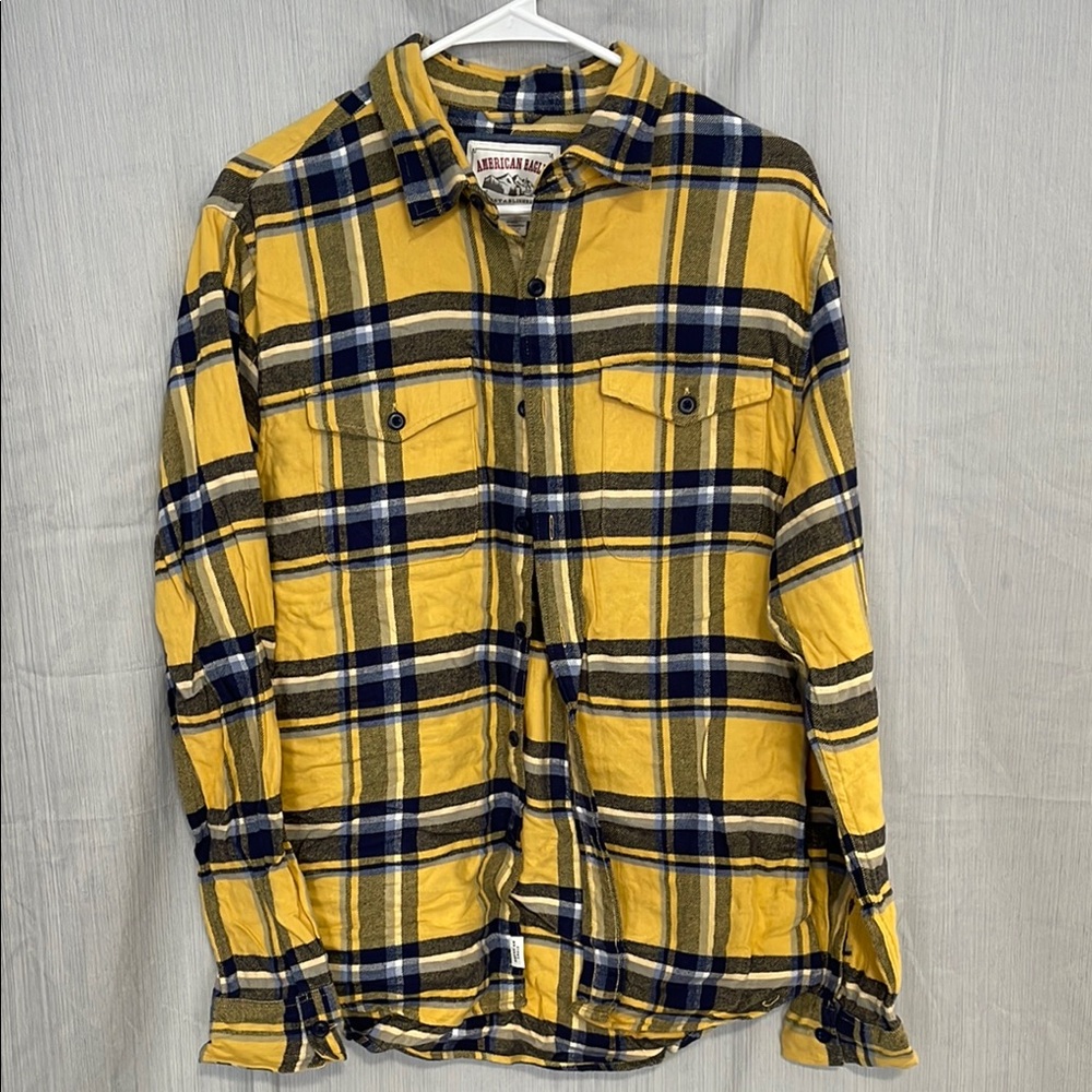 American Eagle Yellow and Blue Plaid Shirt